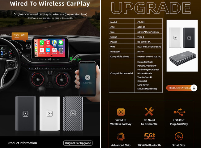 Wireless CarPlay Adapter Bluetooth Call Bluetooth Play Music Touch Screen Steel Wheel Control