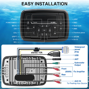 GRANDnavi Boat Bluetooth Marine Stereo Radio AM FM Tuner Bluetooth Streaming Music Digital Media