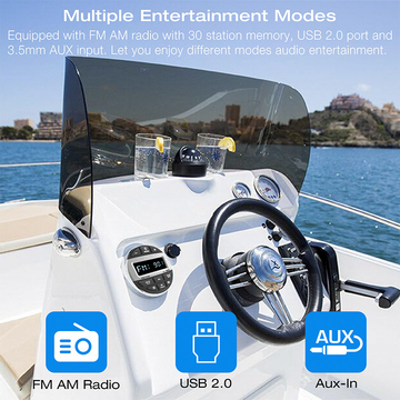 GRANDnavi Universal Marine Stereo Single Din Waterproof Level IPX5 MP3 Multimedia FM BT Marine Colorful Light