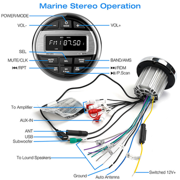 GRANDnavi Universal Marine Stereo Single Din Waterproof Level IPX5 MP3 Multimedia FM BT Marine Colorful Light